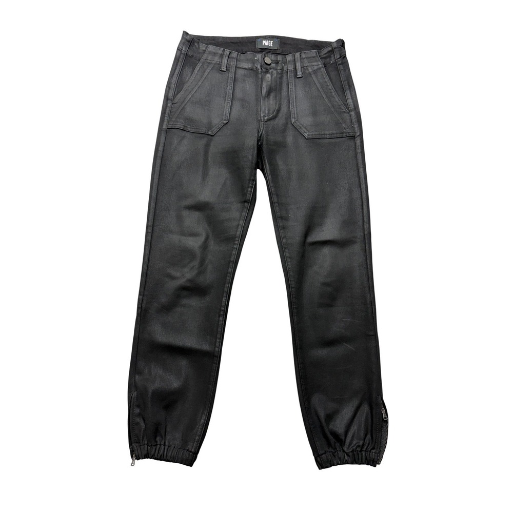 Paige Mayslie Jogger Jeans Womens 27 Black Dark‎ Wash Mid Rise Ankle Zip Cuffed
